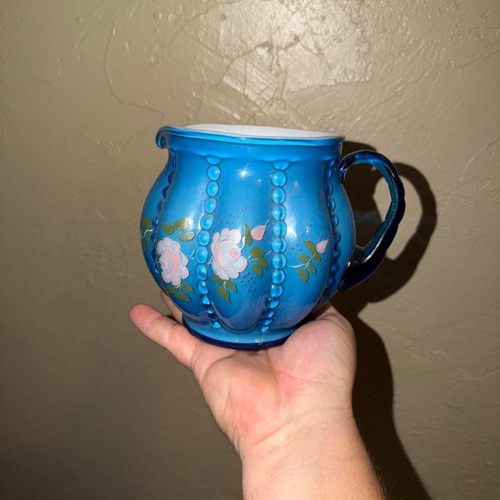 Vintage Fenton Blue Overlay Beaded Melon Pitcher - Hand painted floral signed